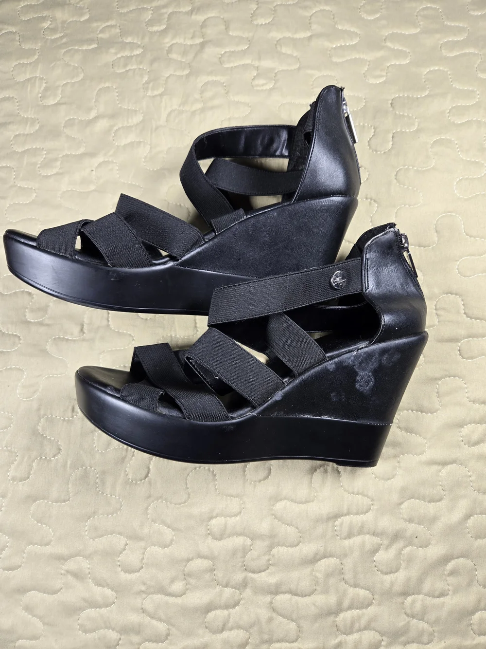 Jessica Simpson Black Faux Leather Strappy Wedges Wedge Platform Sandals - Black